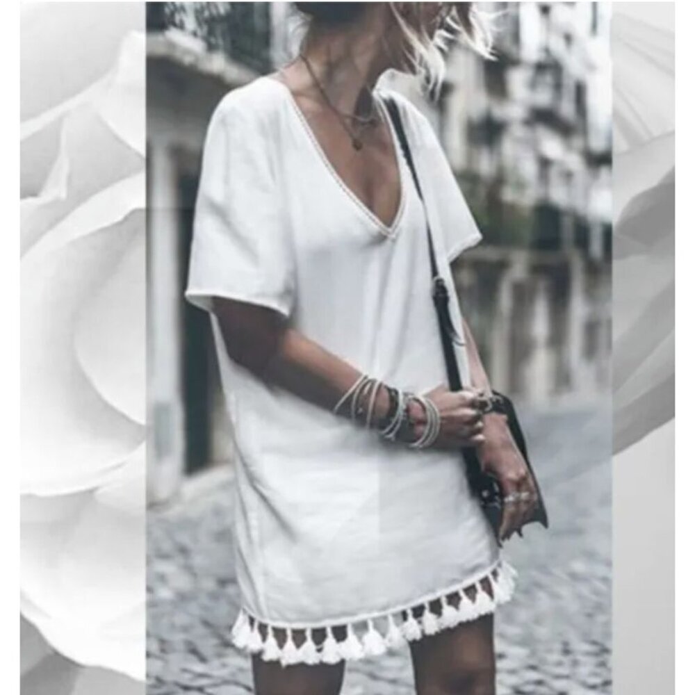 Fate boho tassel dress white midi length short sleeves comfy style size L